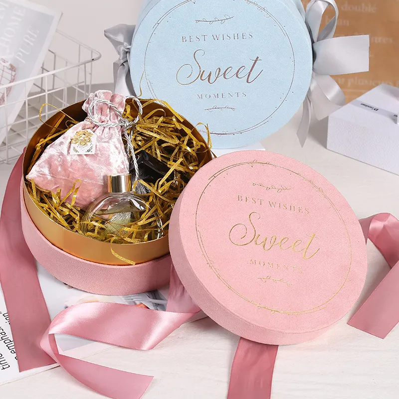 Factory wholesale handle pink round velvet valentines day bote wedding bridesmaid gift box