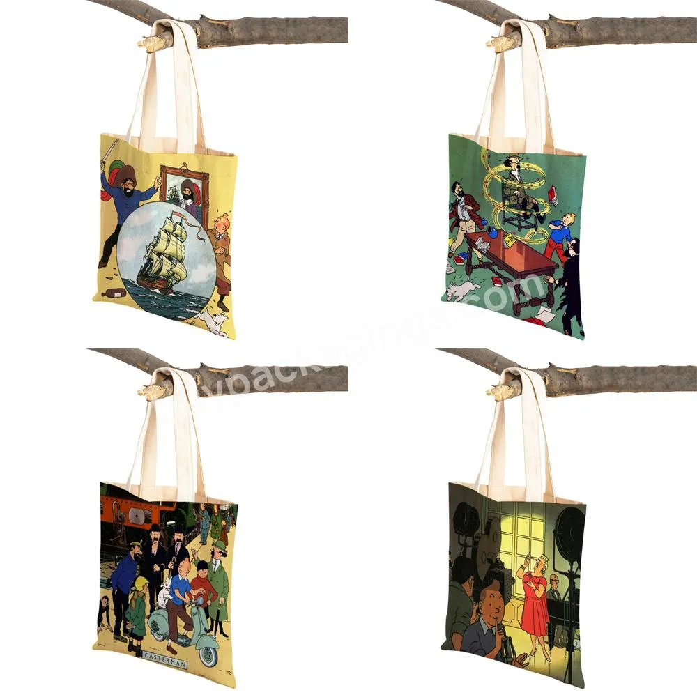 Fashion The Adventures Of Tintin Canvas Women Shopping Bag Double Print Classic Cartoon Anime Student Tote Handbag