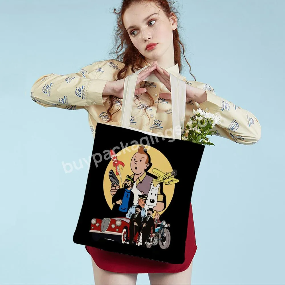 Fashion The Adventures Of Tintin Canvas Women Shopping Bag Double Print Classic Cartoon Anime Student Tote Handbag