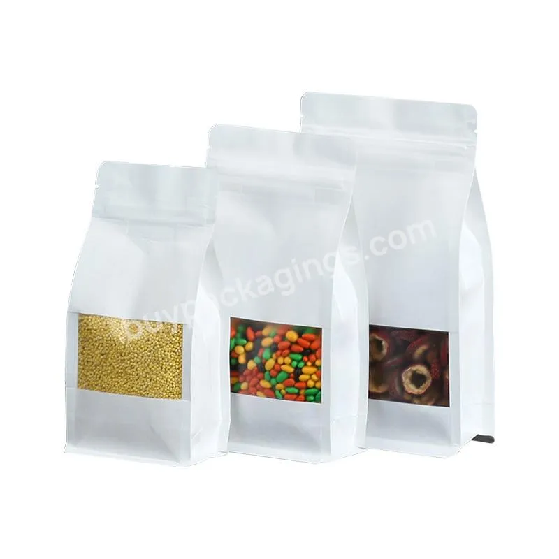 Flat Block Bottom White Kraft Paper Resealable Ziplock Blank Heat Seal Food Packaging Box Pouch Bag With Matte Window