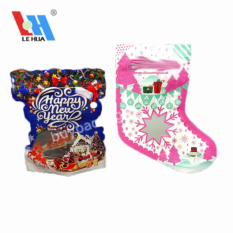 Food Grade Aluminium Foil Stand Up Pouch With Window Food Plastic Gift Red And Green Children Christmas Tree Pendant Candy Bag