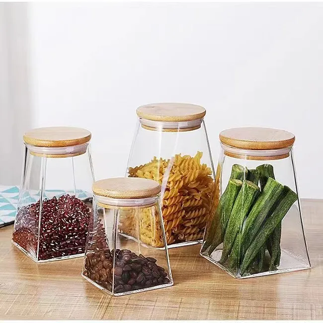 Food Rubber Sealed Wooden Lid Air Tight Candy Storage Containers Glass Jar With Bamboo Lid