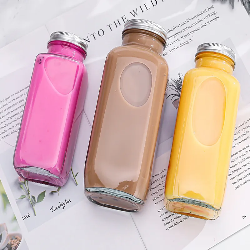 Free Samples Custom Logo 300ml 500ml Square Glass Beverage Milk Bottle With Caps