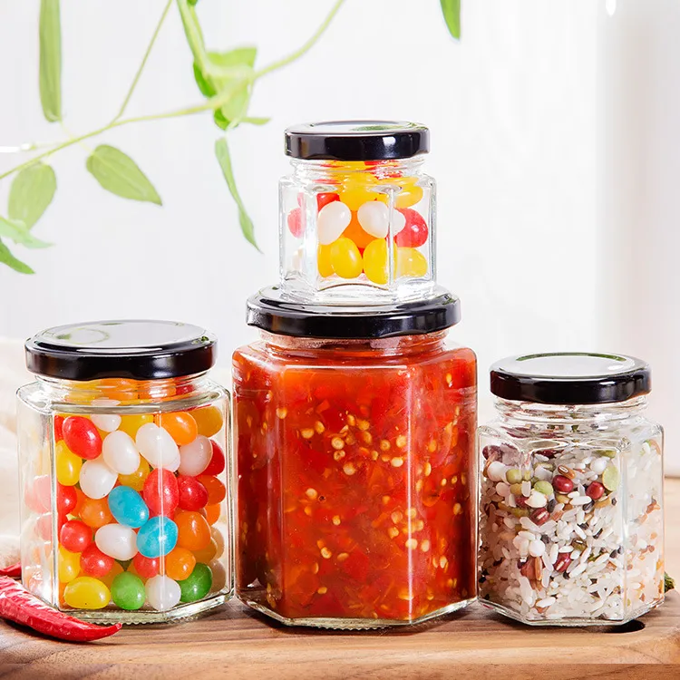 Free Samples Hexagonal sealed glass jar chili pickles jar Honey empty jam bottle storage price