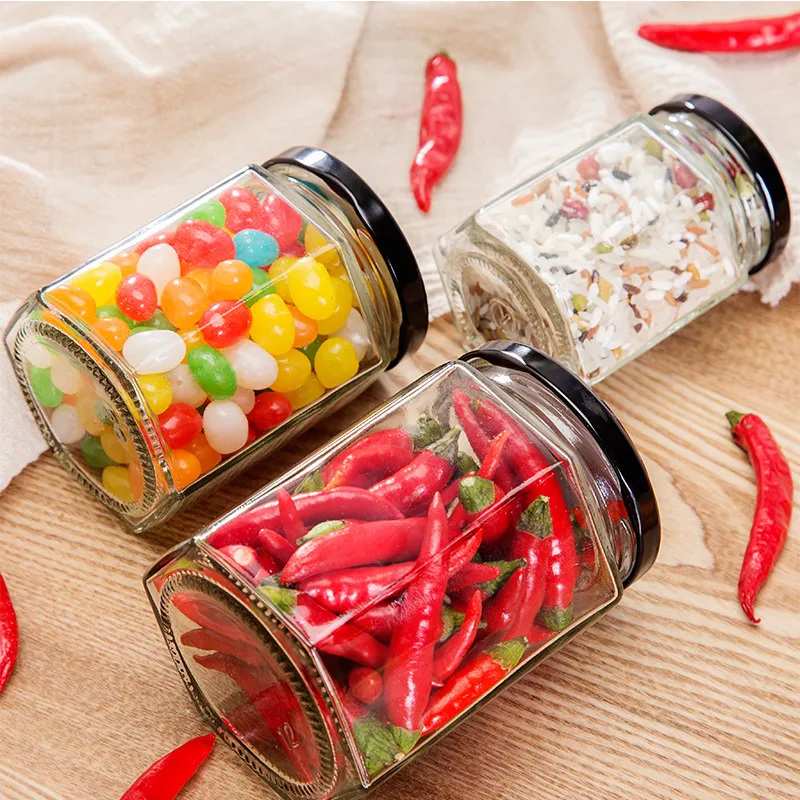 Free Samples Hexagonal sealed glass jar chili pickles jar Honey empty jam bottle storage price