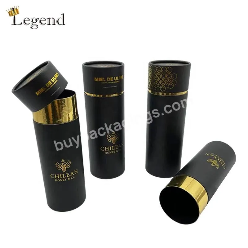 Glass Honey Bottle Paper Tube Cardboard Packaging Black Cylinder Boxes Gold Foil Logo Custom Size Round Paper Box