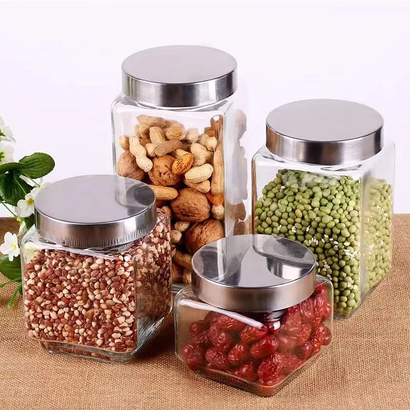 Glass Storage Jar Square Vegetable Fruit Flower Tea Milk Nut Sealed Jar Candy Jar Glass Bottle With Metal Cap