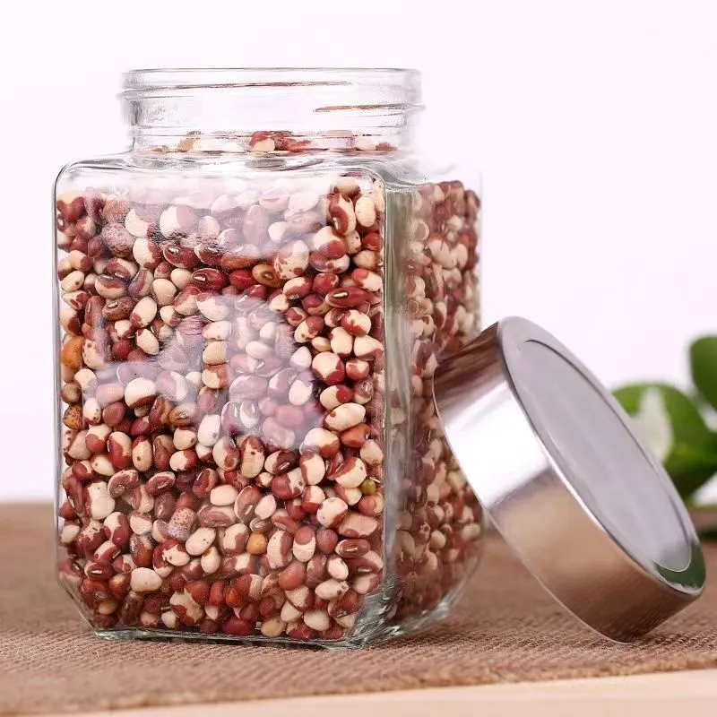 Glass Storage Jar Square Vegetable Fruit Flower Tea Milk Nut Sealed Jar Candy Jar Glass Bottle With Metal Cap