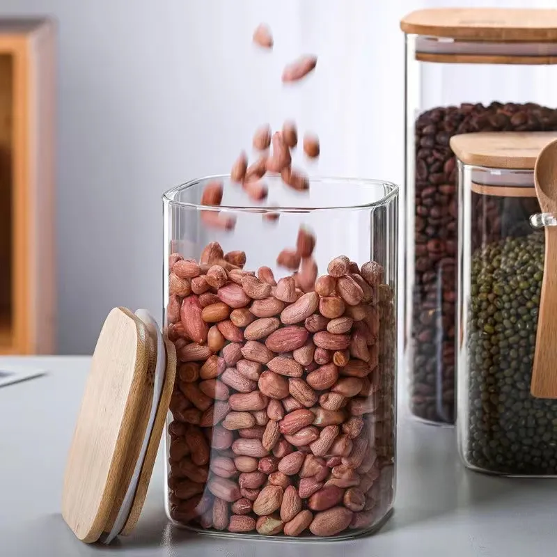 Glass Storage Sealed Jar Kitchen Food Coarse Cereals Coffee Bean Tea Jar Transparent Storage Bottle Acacia Wood Lid