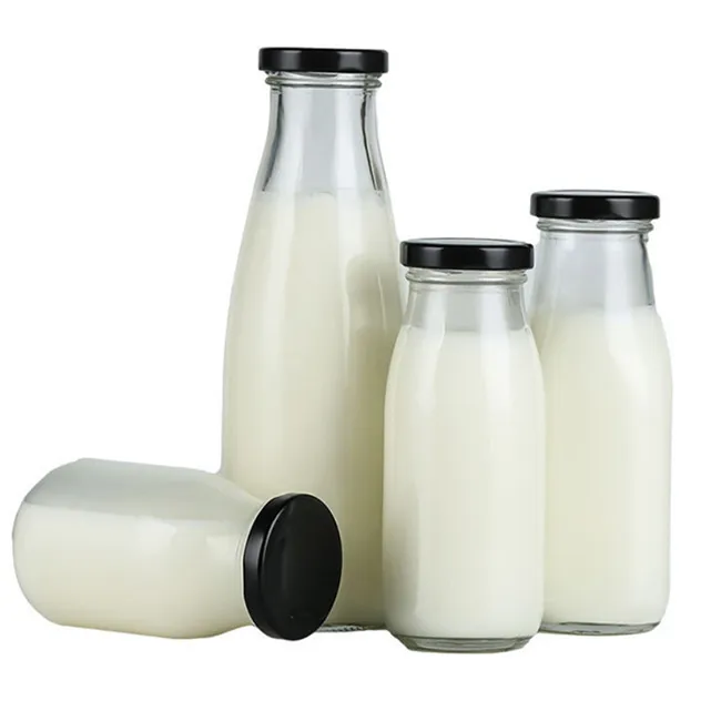 Good Quality Clear Round Shape Custom Logo 300Ml 500Ml Glass Milk Bottle