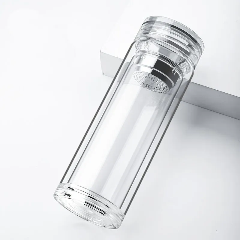 Good Sales Custom Logo Water Bottles Tea Glass Transparent Lid Double Wall Glass Water Cup With Strainer Infuser Basket