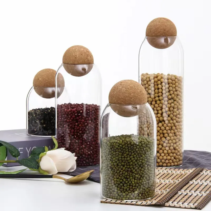 Handmade Borosilicate Glass Canister Glass Jar For Food Storage With Wood Lid Cork Ball Stopper