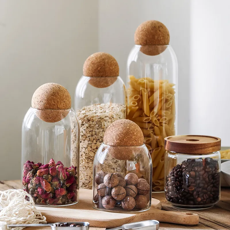 Handmade Borosilicate Glass Canister Glass Jar For Food Storage With Wood Lid Cork Ball Stopper