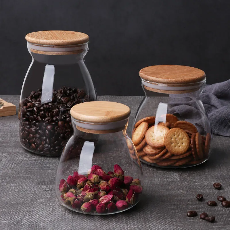 Heat Resistant Candy Foods Rubber Sealed Wooden Lid Airtight Storage Containers Glass Jar With Bamboo Lid