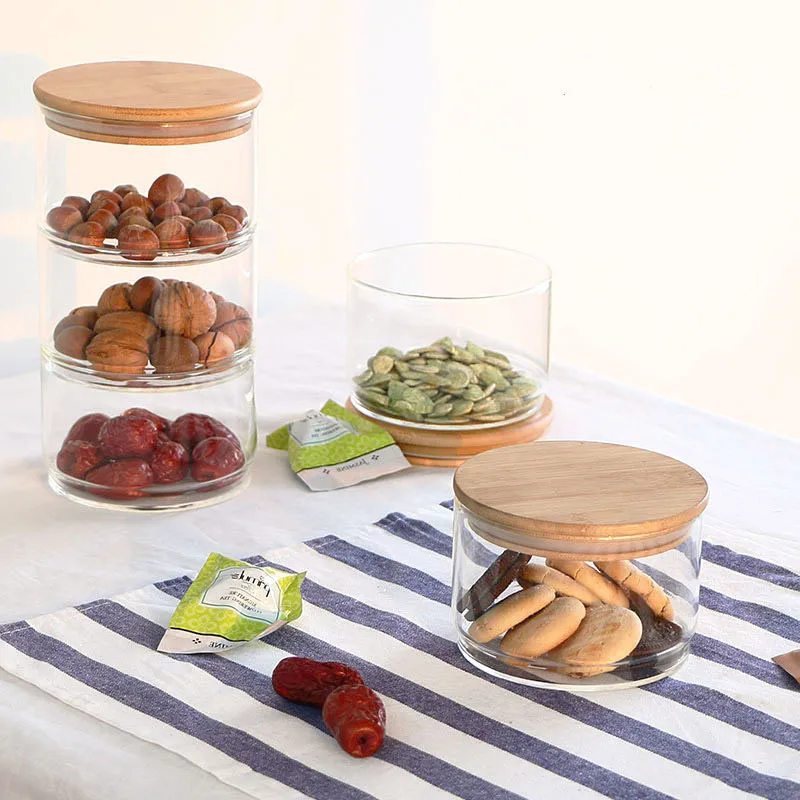 Heat Resistant Food Spice Jar Clear Glass Cereal Storage Bowl With Bamboo Press Lid