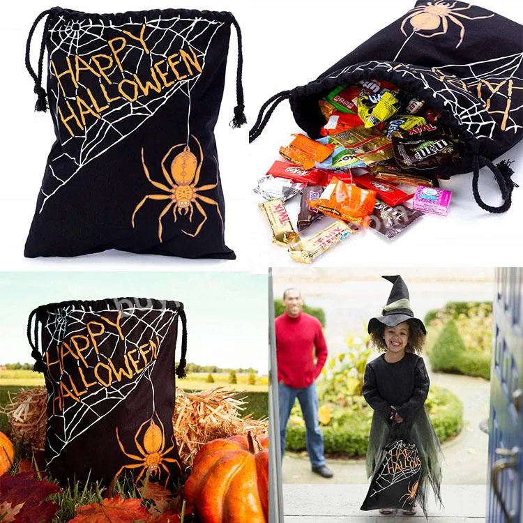 High End Custom Logo Halloween Trick Or Treat Candy Favor Bags Washable Canvas Drawstring Pouch Cotton Gift Bags With Drawstring