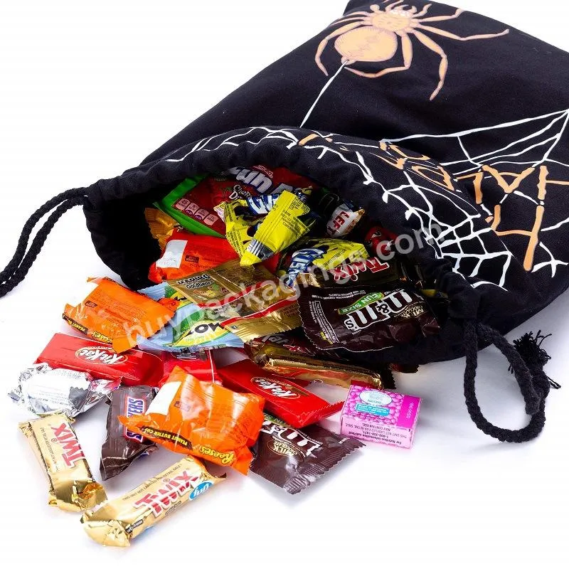 High End Custom Logo Halloween Trick Or Treat Candy Favor Bags Washable Canvas Drawstring Pouch Cotton Gift Bags With Drawstring