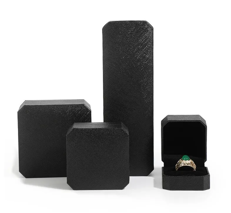 High End Trendy Design Leatherette Paper Ring Earring Bracelet Bangle Necklace Box Black Paper Jewelry Boxes