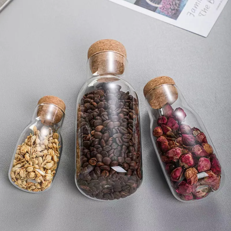 High Quality 150ml 300ml 600ml 800ml Transparent Glass Food Storage Bottle With Cork Lid