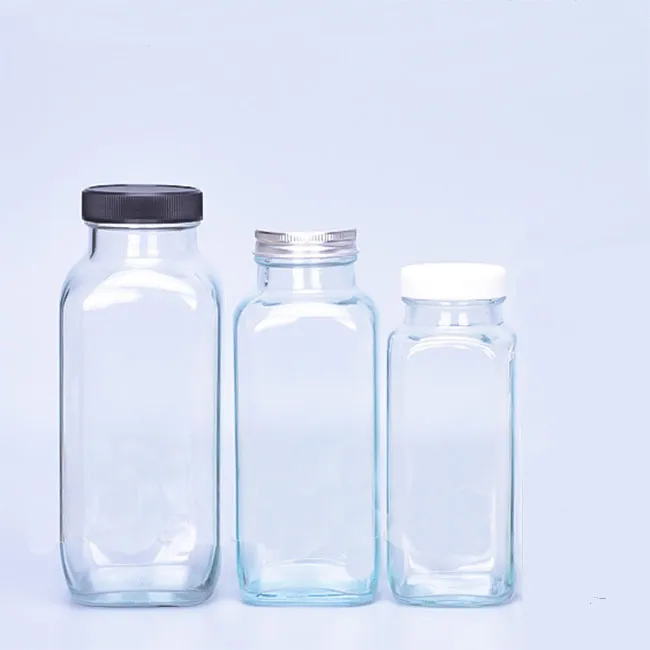 High Quality 500ml 750ml Juice Glass Container With Lid Clear French Square Bottles