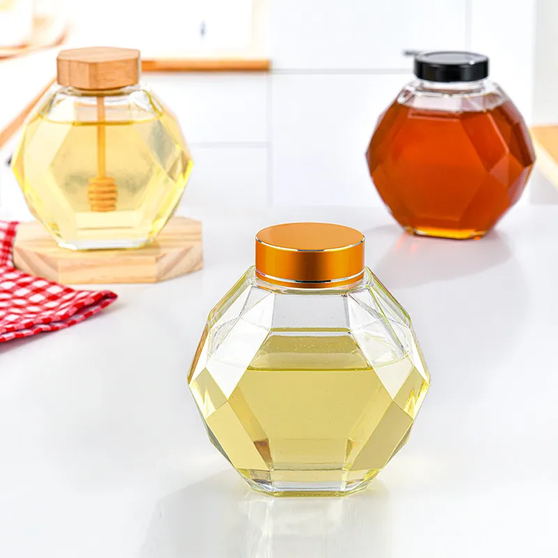 High Quality Hexagon Glass Container Storage Bottle Food Storage Bottle Glass Honey Jar With Screw Cap