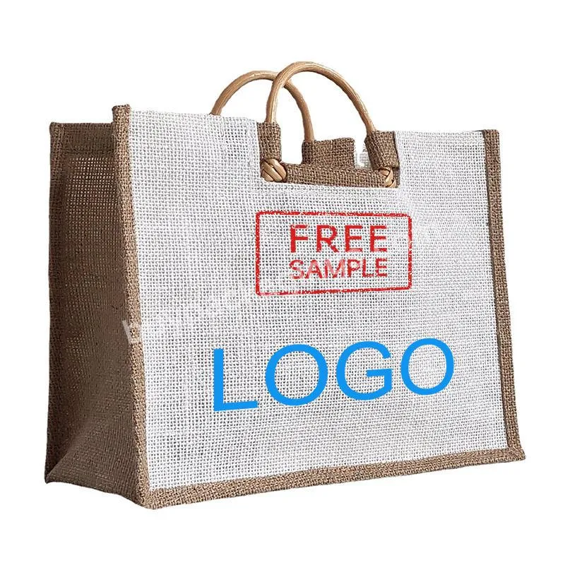 High Quality Jute Rattan Wooden Handle Shopping Bag Retro Gift Linen Bag Customizable Logo Eco-friendly Tote Ba