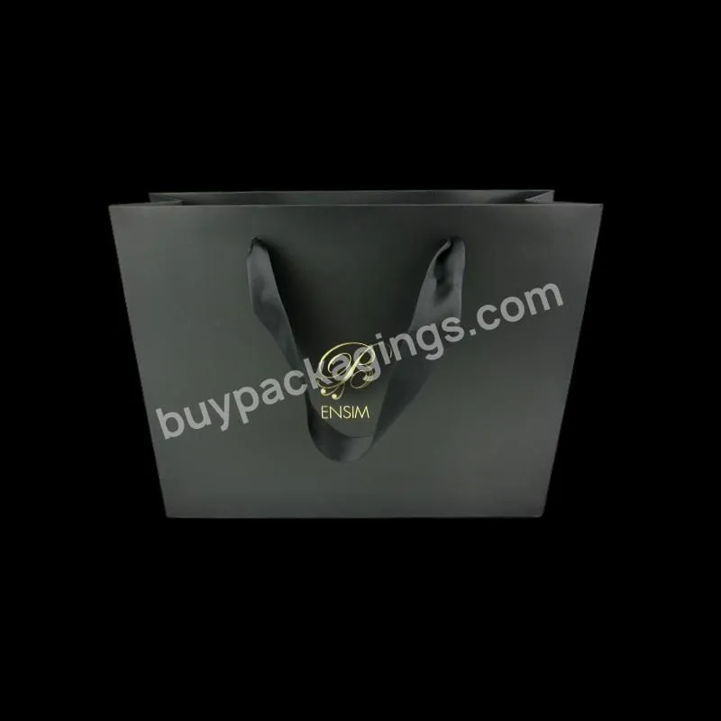 High Quality Luxury Black Luxury Kraft Art Paper Bags With A Ribbon Handle And A Rose Gold Foil Printed Logo 230g 250g