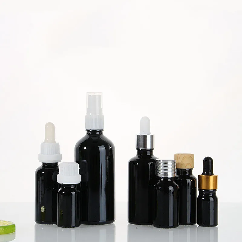 High Quality Material 10ml 20ml 30ml Black Color Glass Bottle Multiple Covers For Cosmetic Essential Oil Bottle