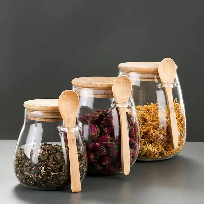 High Quality Material Flower Tea Pot Sealed Well Pot Food Grade Wooden Cover with Spoon Food Storage Glass Jar