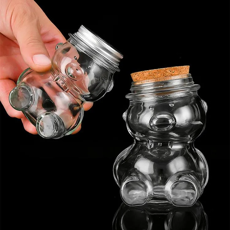 High Quality  New Creative Cartoon Candy Can With Crooked Head Bear Shape Storage Glass Bottle