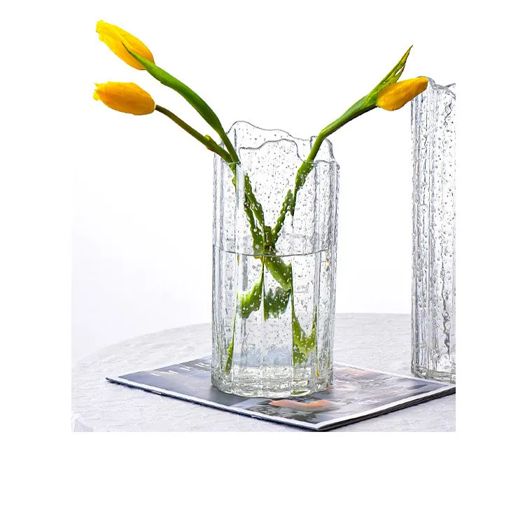 High Transparent Texture Wavy Edge Flower Arrangement Table Decoration Water Ripple Glass Material  Vase