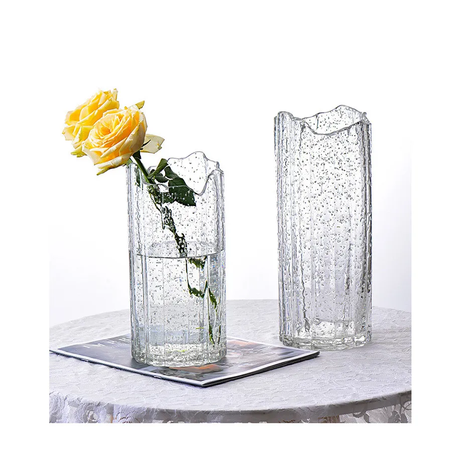 High Transparent Texture Wavy Edge Flower Arrangement Table Decoration Water Ripple Glass Material  Vase