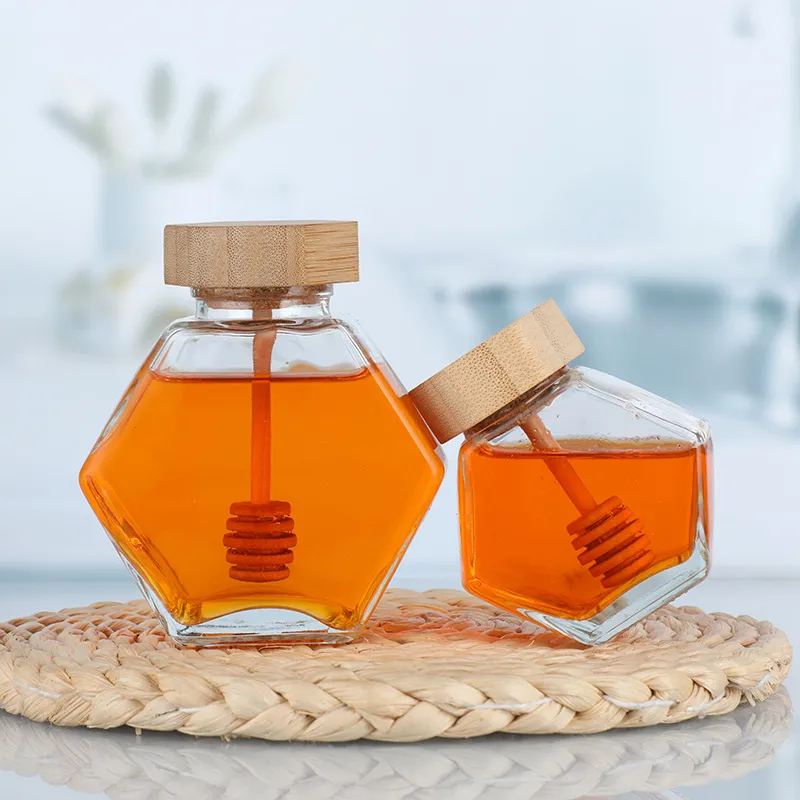 Honey Bottle factory Bamboo lid wood plug sealed leak-proof six edge shape glass honey jar