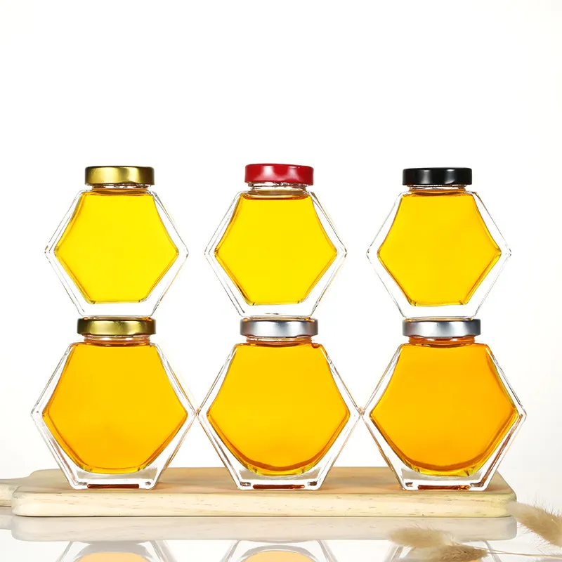 Honey glass bottle manufacturer honey bottle diamond-shaped bottling 250g food shaped storage tank Hexagon Honey Jar