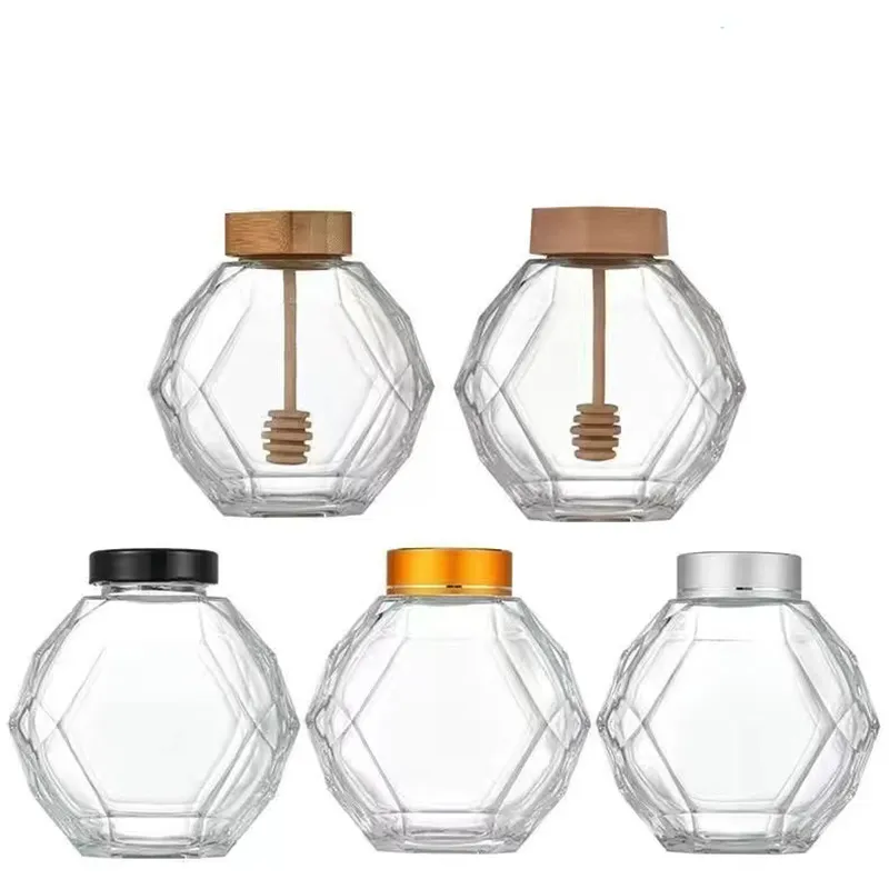 Honey Jar Glass Hexagon Honey Pot With Wooden Dipper Cover Honey Syrup Beehive Shape Storage Jar