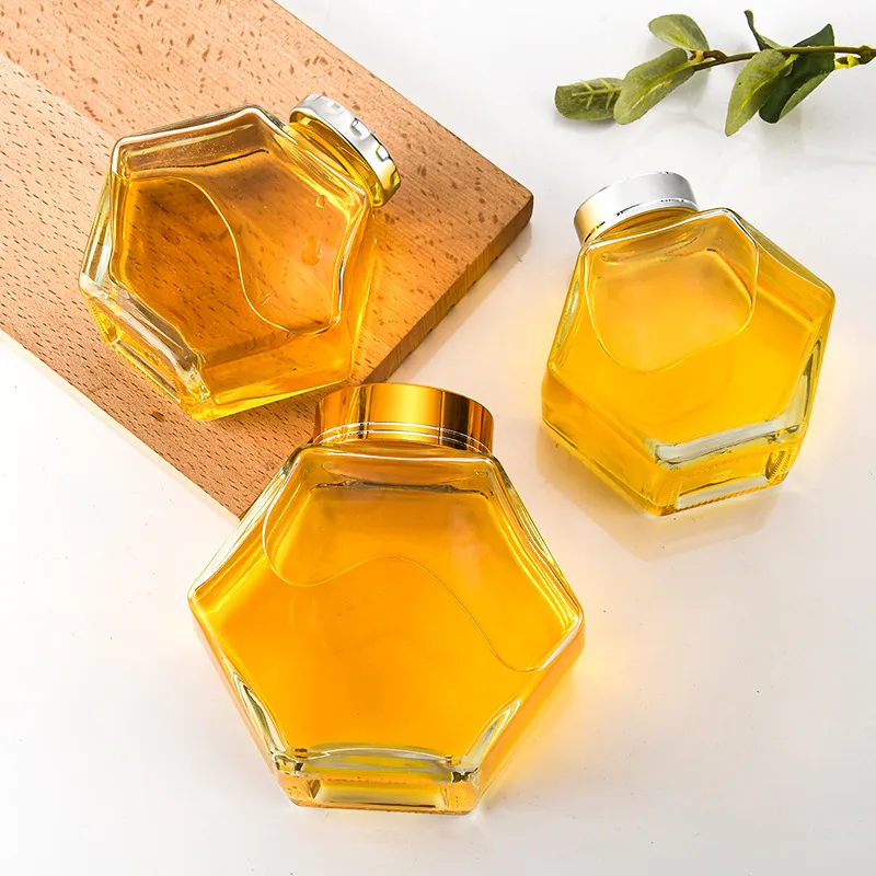 Honeycomb tinplate lid hexagon honey sealed jar jam separate bottle transparent sealed glass empty bottle