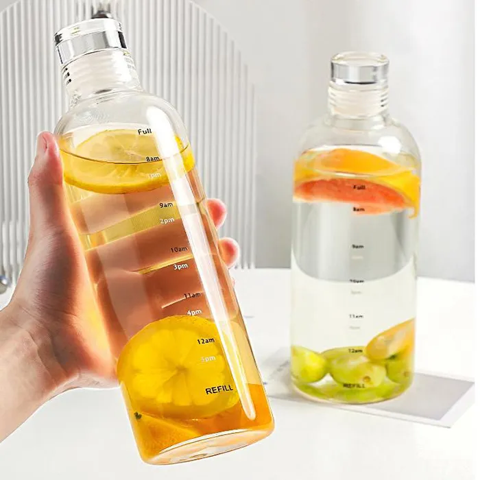 Hot Sale 300ml 500ml 750ml Clear Glass Water Bottle With Time Marker Reusable Drinking Bottle for Sale