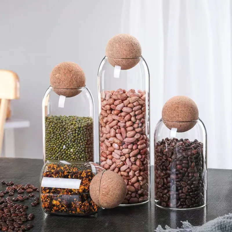 Hot Sale 5008001200ml Clear Kitchen Food Borosilicate Storage Glass Jar with Wood Cork Ball Stopper Lid