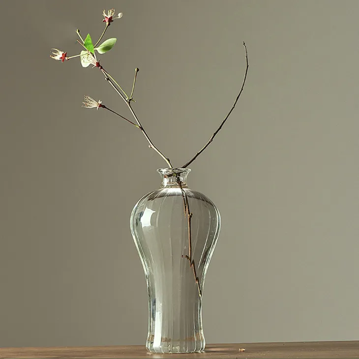 Hot Sale Cheap Price Simple Design Decorations Transparent Stripe Flowers Fine Mouth Glass Material Plant Vase