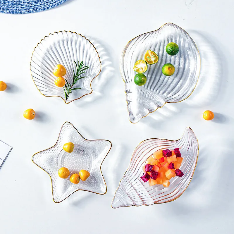 Hot Sale Creative Ocean Style Gold Border Shell Conch Star Shaped Dessert High Quality Glass Material Plate