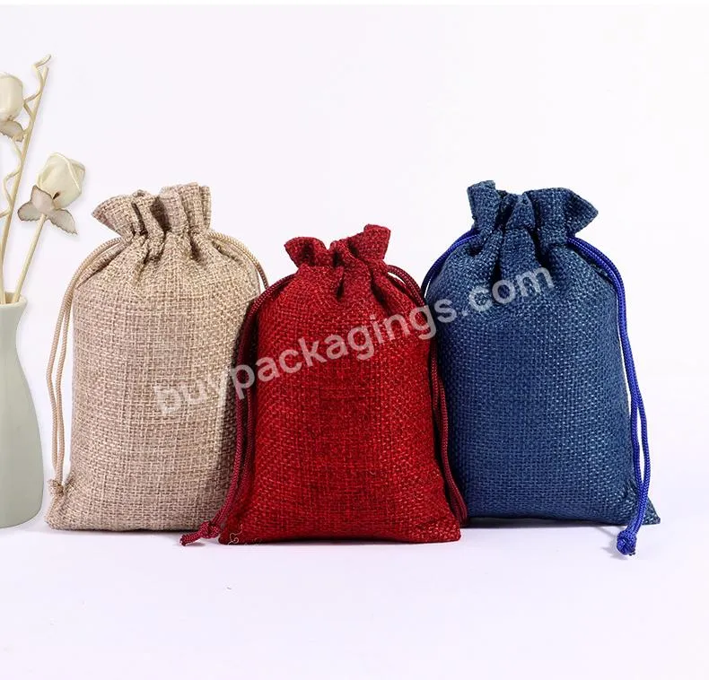 Hot Sale Custom Logo Printed Eco Friendly Small Pouch Linen Jute Burlap Drawstring Gift Bag With Handles