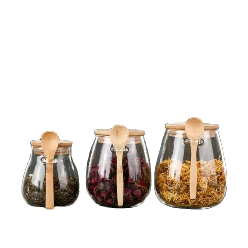 Hot Sale  Flower Tea Pot Sealed Well Pot Food Grade Wooden Cover with Spoon Food Storage Glass Jar