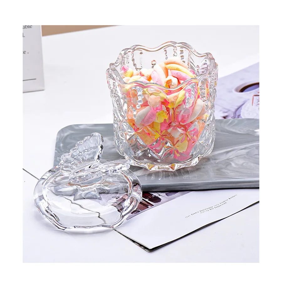 Hot Sale  Large Size Butterfly Shape Clear Texture Candy Cans with Lids Supply Glass Material  Sugar Jar