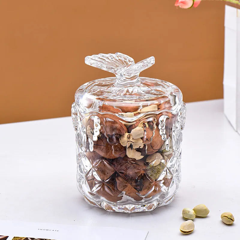 Hot Sale  Large Size Butterfly Shape Clear Texture Candy Cans with Lids Supply Glass Material  Sugar Jar