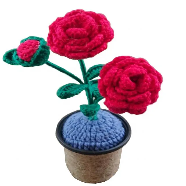 Hot sale Yarn crafts Crochet potted artificial flowers of Chinese rose