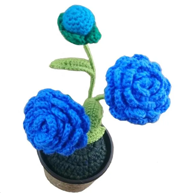 Hot sale Yarn crafts Crochet potted artificial flowers of Chinese rose