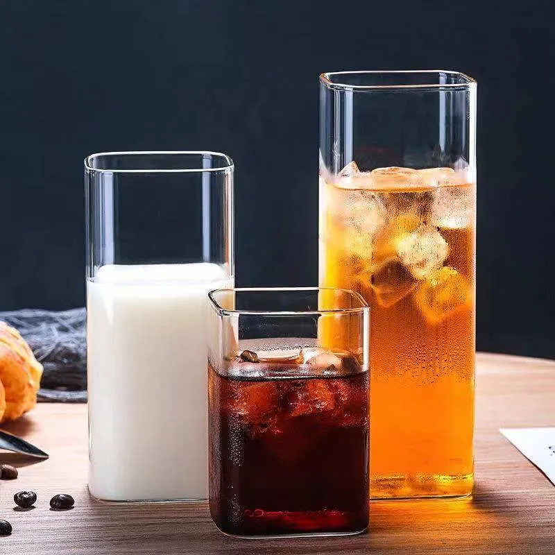 Hot Selling High Borosilicate Glass Mug 200ml 400ml 500ml Square Shaped Clear Glass Cups For Beverage