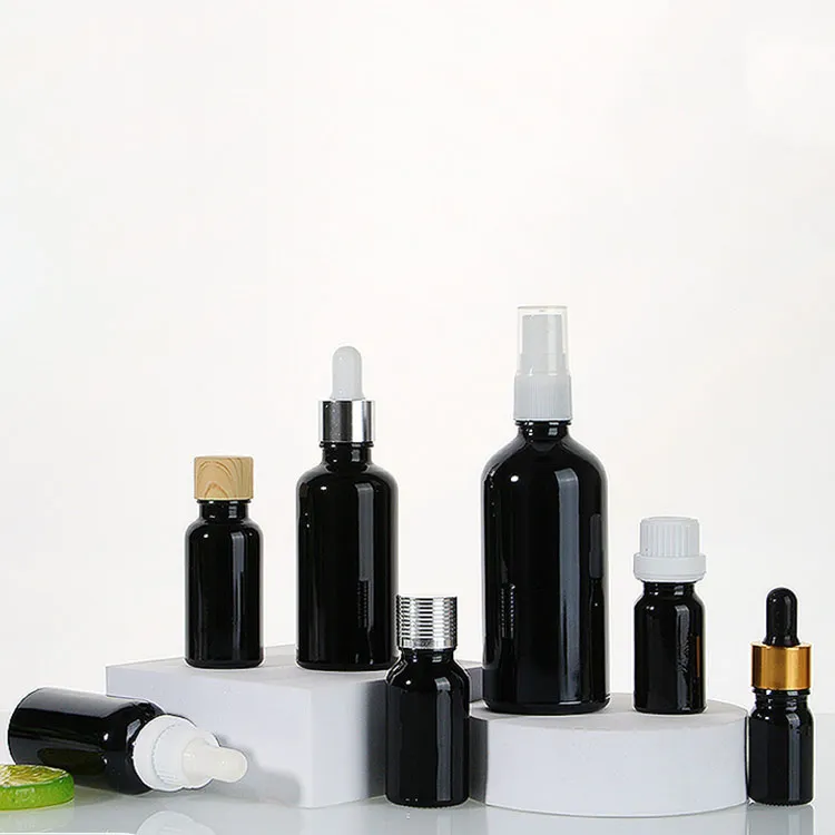 Hot Selling Professional Manufacturer 10ml 20ml 30ml Black  Glass Material Essential Oil Bottle With Multiple Cover