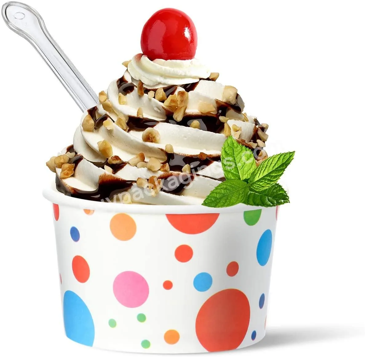 Ice Cream Cups Disposable Yogurt Dessert Bowls Paper Bowls And Reusable Plastic Spoons Transparent Party Supplies (colorful Dot