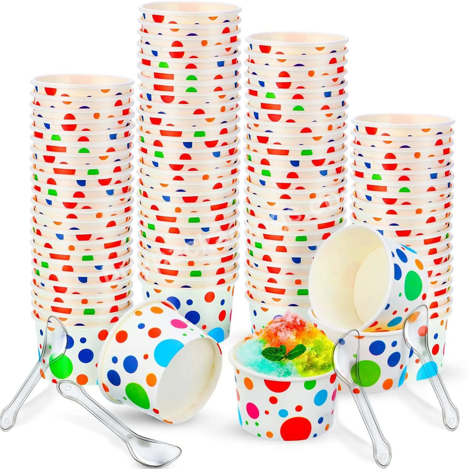 Ice Cream Cups Disposable Yogurt Dessert Bowls Paper Bowls And Reusable Plastic Spoons Transparent Party Supplies (colorful Dot